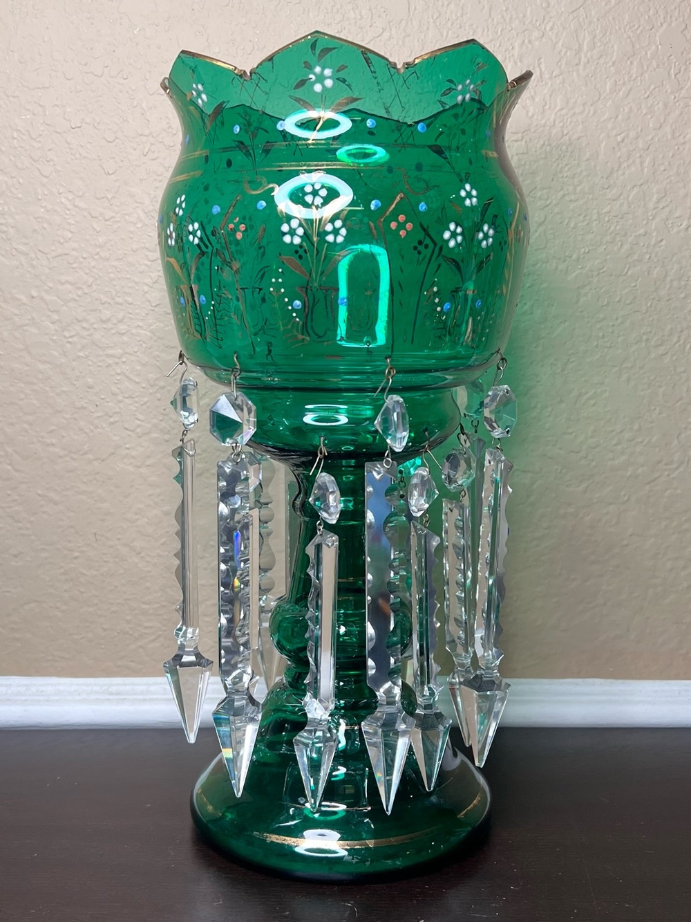 Antique Late 1800s Victorian Bohemian Glass Lustre Form, Emerald Green, Mantle